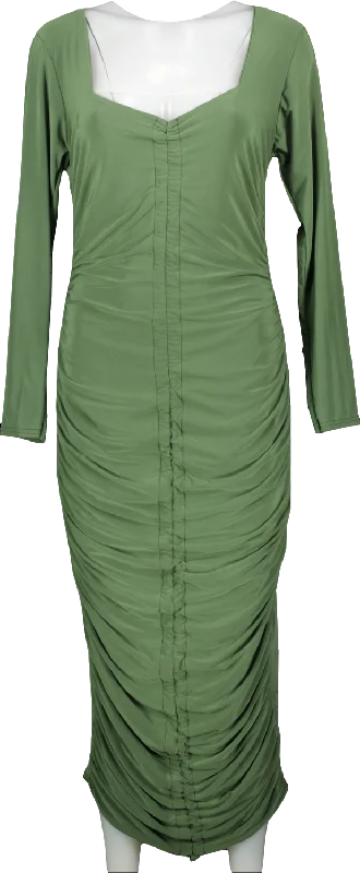 Missguided Green Khaki Long Sleeve Slinky Ruched Midi Dress Bnwt UK 18