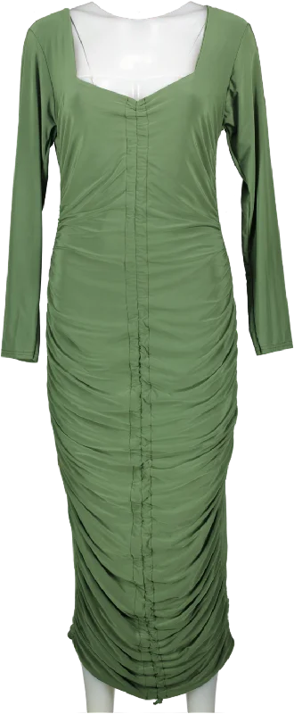 Missguided Green Khaki Long Sleeve Slinky Ruched Midi Dress UK 16