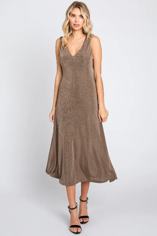 Mocha A-Line Draped Back Midi Dress Trendy Floral Wrap Midi Dress