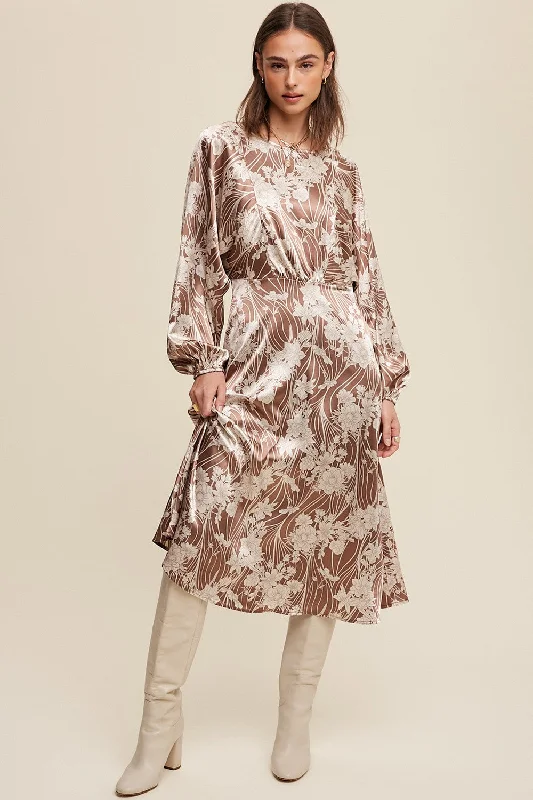 Mocha Floral Print Satin Cinched A-Line Midi Dress Fashionable Casual Midi Dress