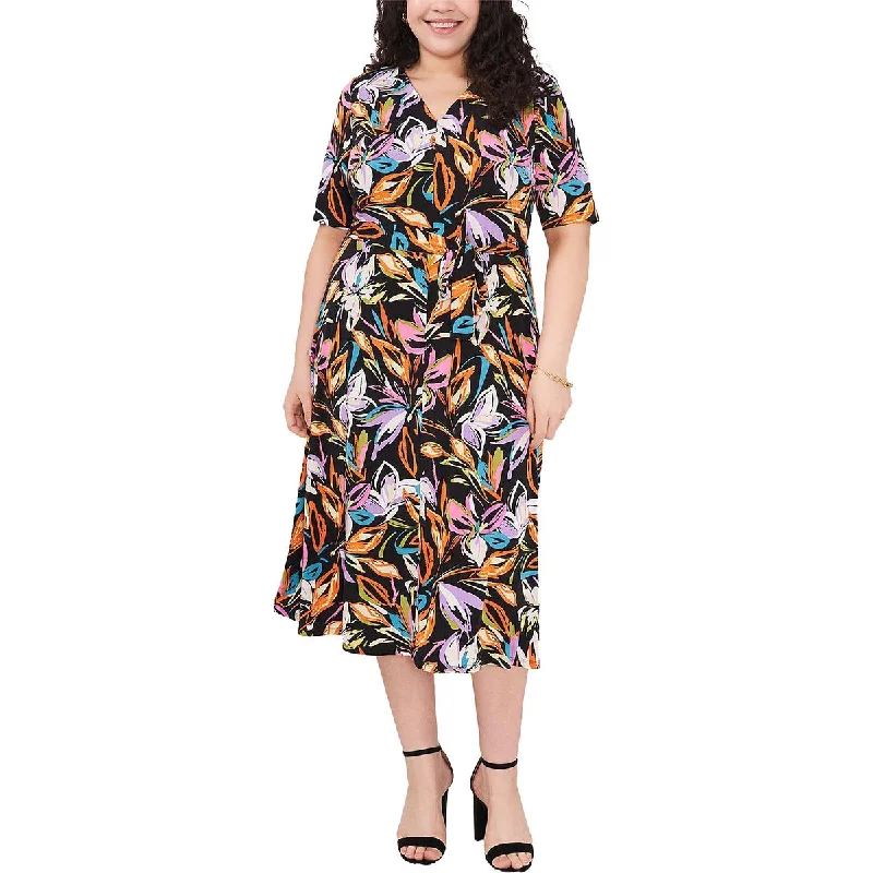 MSK Womens Plus Floral Calf Midi Dress