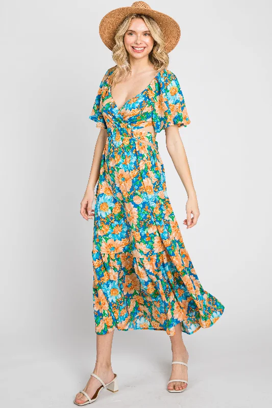 Multi-Color Floral Wrap Front Cutout Back Midi Dress Cozy Knit Midi Dress