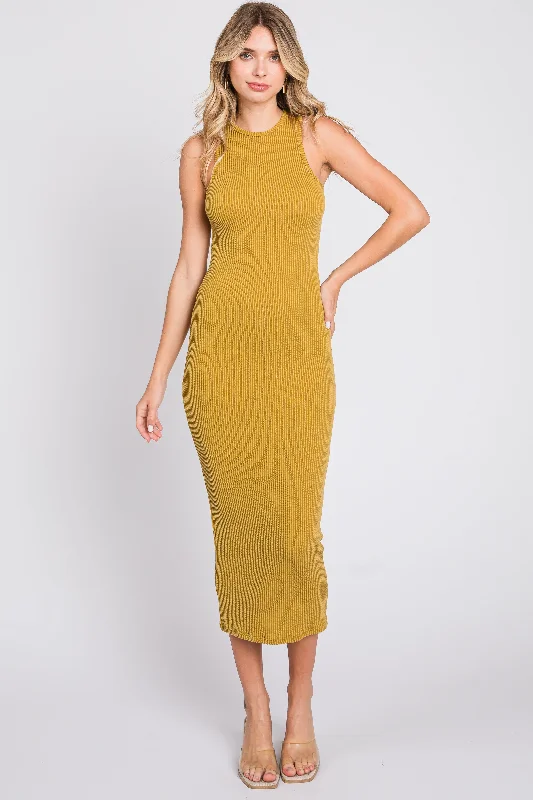 Mustard Ribbed Fitted Midi Dress Trendy Off-Shoulder Button Midi Dress