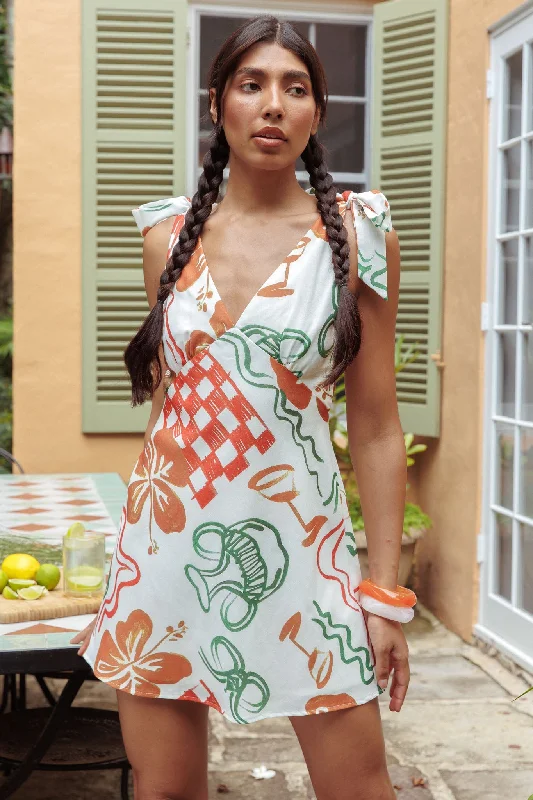 Mykonos Morning Tied Shoulder Mini Dress Print White Chic Pleated Mini Dress