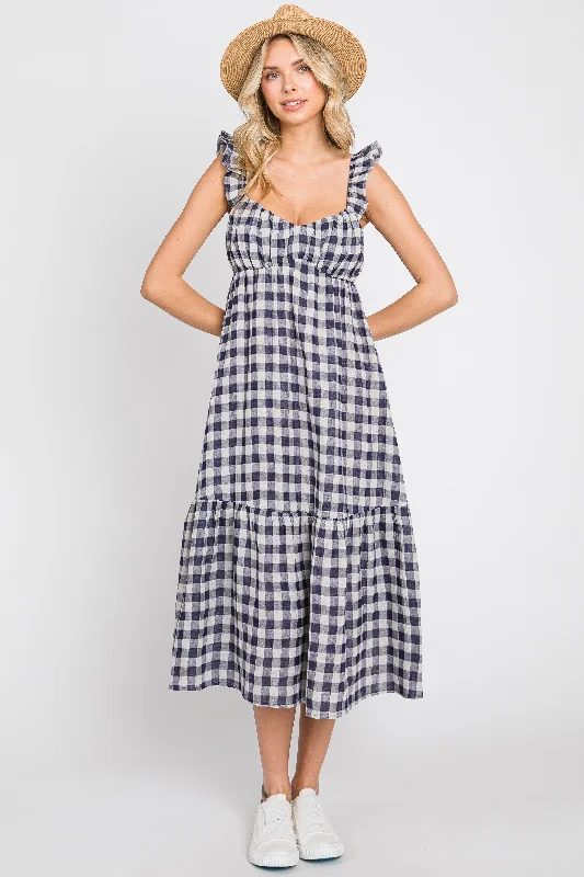 Navy Blue Checkered Linen Sweetheart Neck Ruffle Strap Midi Dress Comfortable Short Sleeve Midi Dress Navy Blue Checkered Linen Sweetheart Neck Ruffle Strap Midi Dress Comfortable Short Sleeve Midi Dress