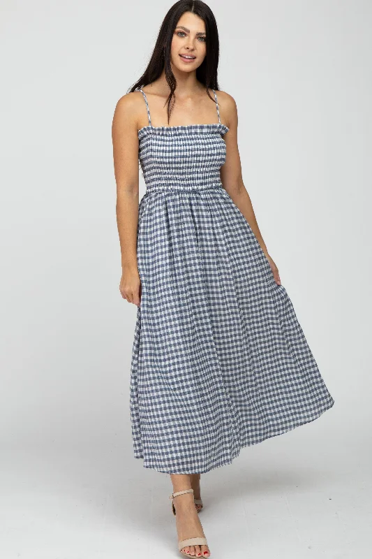 Navy Blue Checkered Square Neck Smocked Midi Dress Fashionable Skater Midi Dress