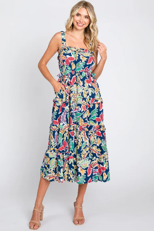 Navy Blue Multi-Color Floral Sleeveless Tiered Midi Dress Chic Off-Shoulder Midi Dress