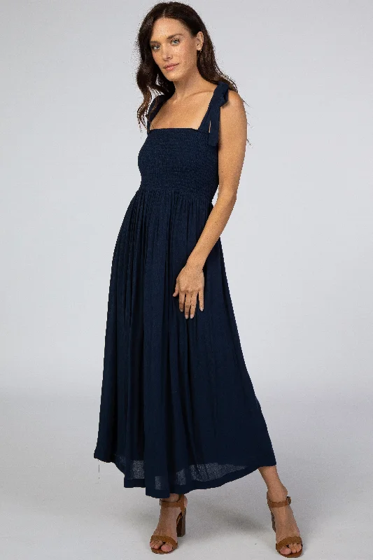 Navy Blue Smocked Tie Strap Midi Dress Stylish Cold Shoulder Midi Dress