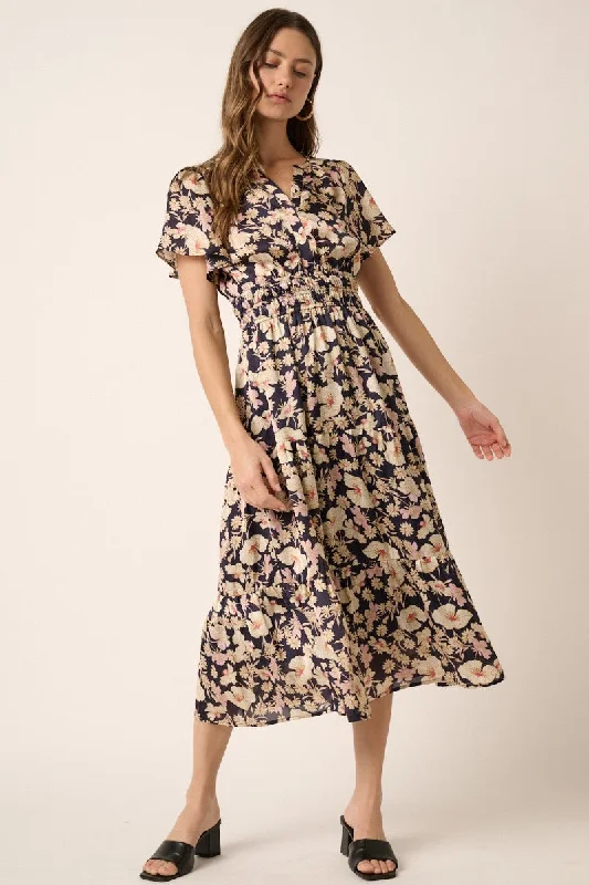 Navy Flower Print Placket Front Midi Dress Fashionable Skater Midi Dress