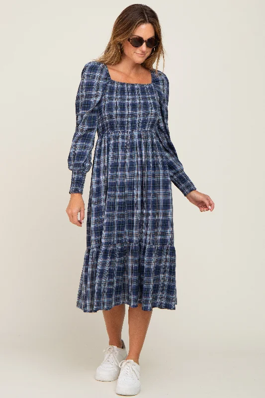 Navy Plaid Puff Sleeve Midi Dress Trendy Off-Shoulder Ruffle Midi Dress