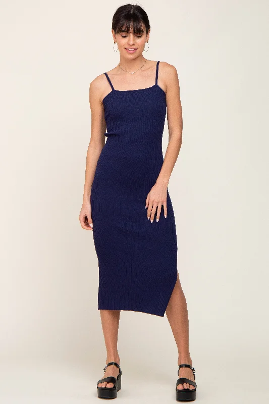 Navy Ribbed Knit Side Slit Midi Dress Trendy Long Sleeve Midi Dress