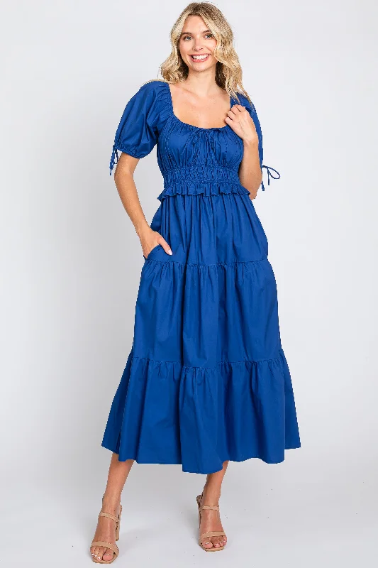 Navy Shirred Front Tie Short Sleeve Tiered Midi Dress Elegant Floral Midi Dress