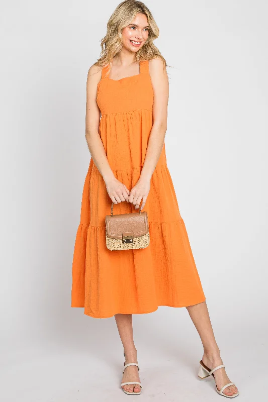 Neon Orange Tiered Crisscross Strap Midi Dress Fashionable Shift Midi Dress