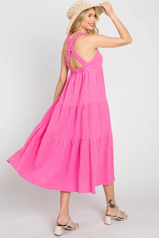 Neon Pink Tiered Crisscross Strap Midi Dress Chic Floral Print Midi Dress