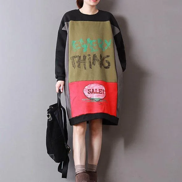 New black cotton Loose fitting o neck midi dress patchwork spring dress