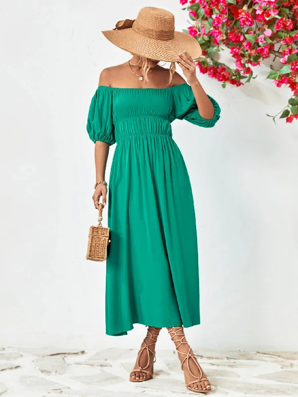 Off-Shoulder Balloon Sleeve Midi Dress Chic Lace Detail Midi Dress