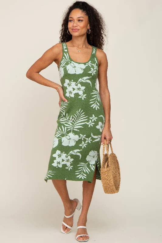 Olive Floral Sleeveless Knit Midi Dress Fashionable Polka Dot Midi Dress