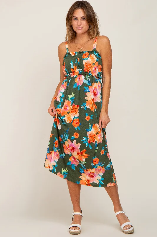 Olive Floral Square Neck Ruffle Midi Dress Comfortable Empire Waist Midi Dress