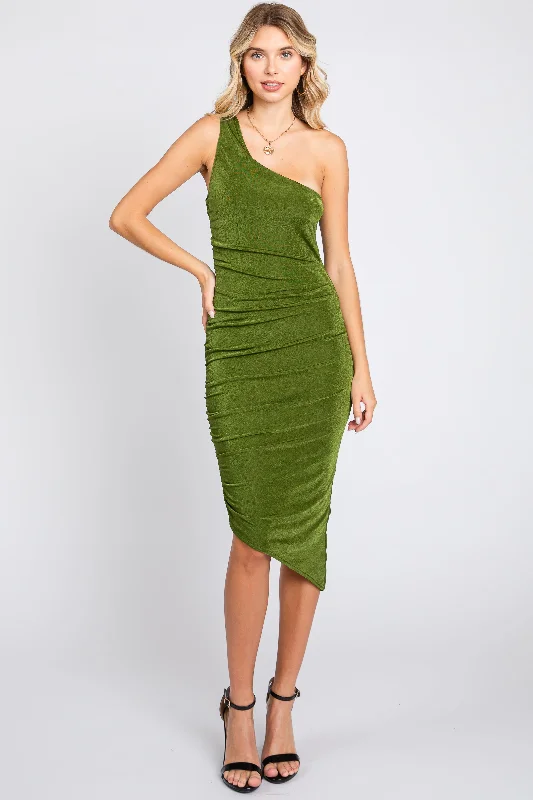 Olive One Shoulder Asymmetrical Hem Midi Dress Trendy Flared Sleeve Midi Dress