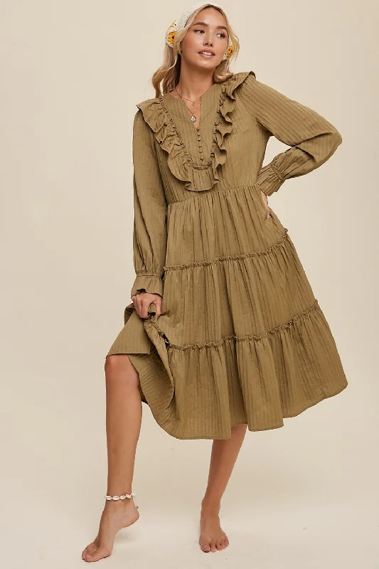 Olive Ruffle Detail Tiered Long Sleeve Midi Dress Comfortable Empire Waist Midi Dress