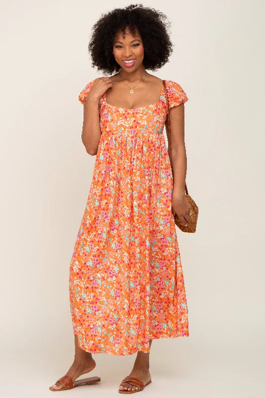 Orange Floral Back Cutout Midi Dress Fashionable Pleated Midi Dress