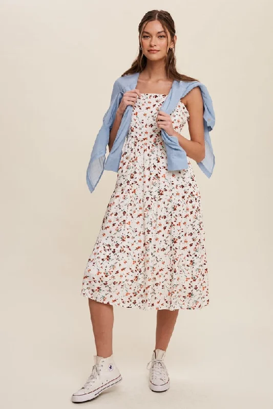 Orange Floral Print Square Neck A-Line Skirt Midi Dress Elegant Floral Skirt Midi Dress