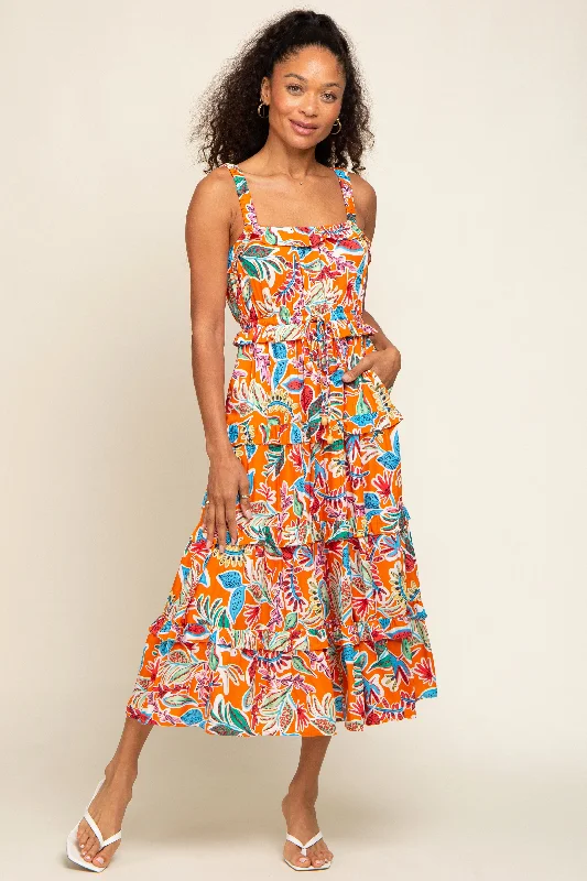 Orange Multi-Color Floral Sleeveless Tiered Midi Dress Elegant V-Neck Midi Dress