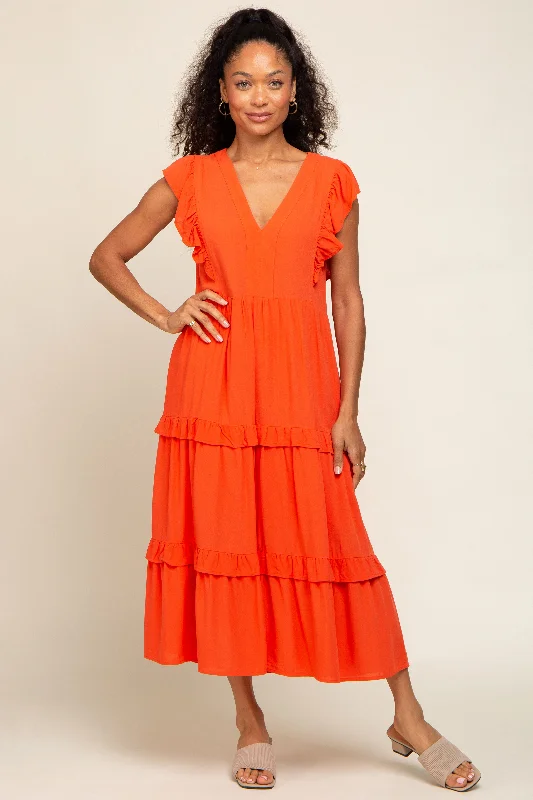 Orange Ruffle Accent Tiered Midi Dress Comfortable Sleeveless Midi Dress