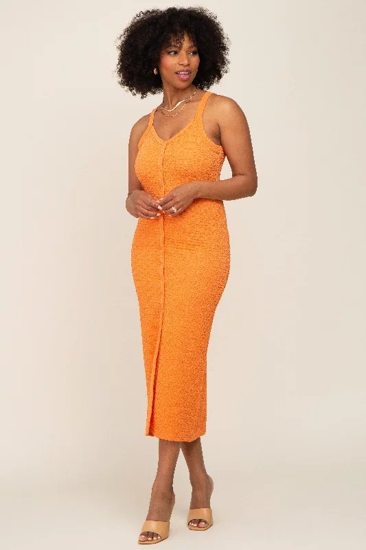 Orange Waffle Knit Snap Front Button Midi Dress Stylish Halter Neck Midi Dress
