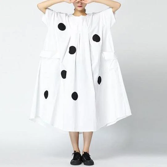 Organic cotton blended Wardrobes Stitches Dots Loose Round Neck Retro Midi Dress