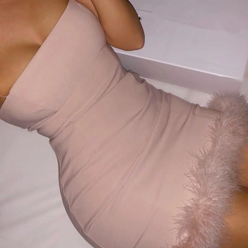 FashionSierra - Clubwear Pink Fuzzy Feathers Strap Mini Dresses Trendy Camisole Mini Dress FashionSierra - Clubwear Pink Fuzzy Feathers Strap Mini Dresses Trendy Camisole Mini Dress