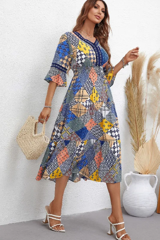 Patchwork V-Neck Tiered Midi Dress Elegant Satin Slip Midi Dress