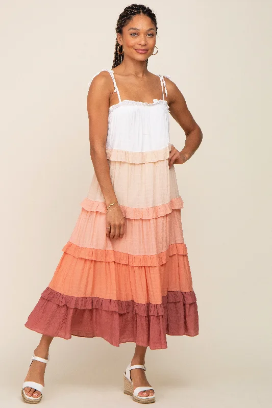 Peach Ombre Ruffle Tiered Shoulder Tie Midi Dress Stylish Silk Midi Dress