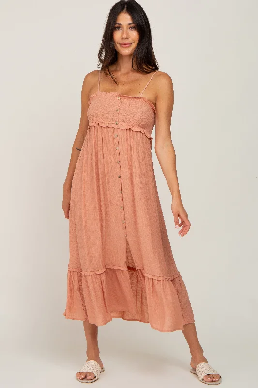 Peach Smocked Button Accent Midi Dress Cozy Wide Strap Midi Dress
