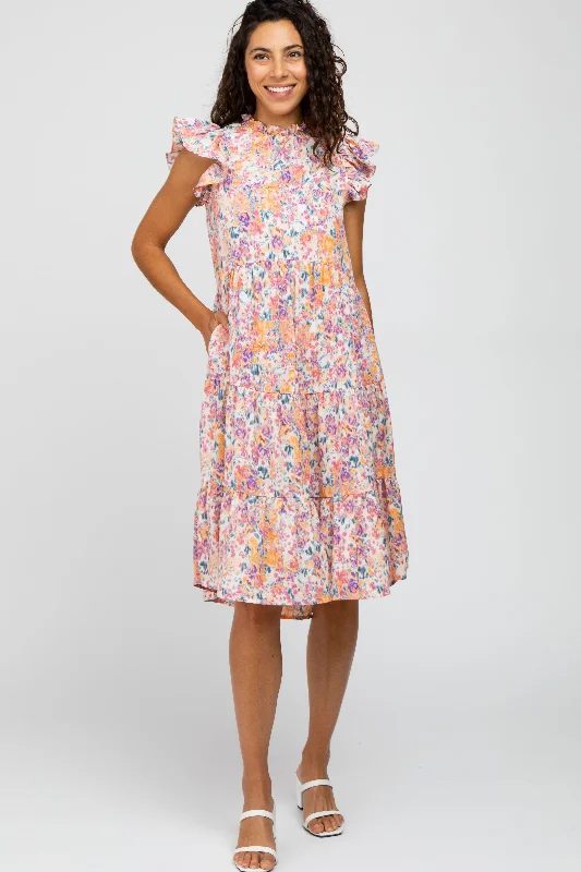 Pink Abstract Print Tiered Midi Dress Comfortable Adjustable Strap Midi Dress