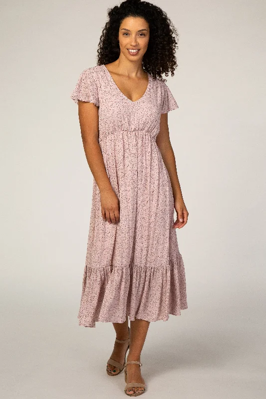 Pink Dot Print Ruffle Midi Dress Trendy Long Sleeve Midi Dress