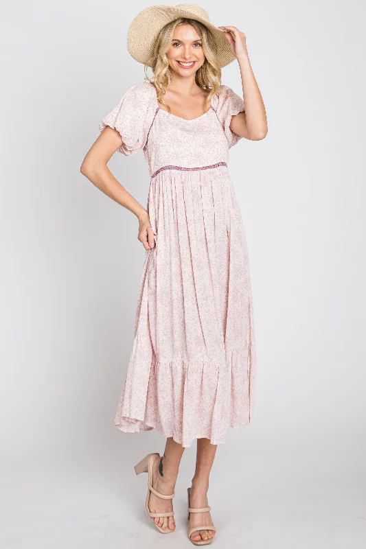 Pink Floral Crochet Accent Midi Dress Stylish Color Block Midi Dress