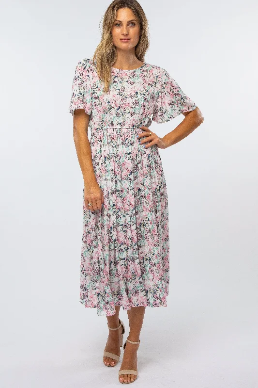 Pink Floral Pleated Midi Dress Comfortable Draped Midi Dress