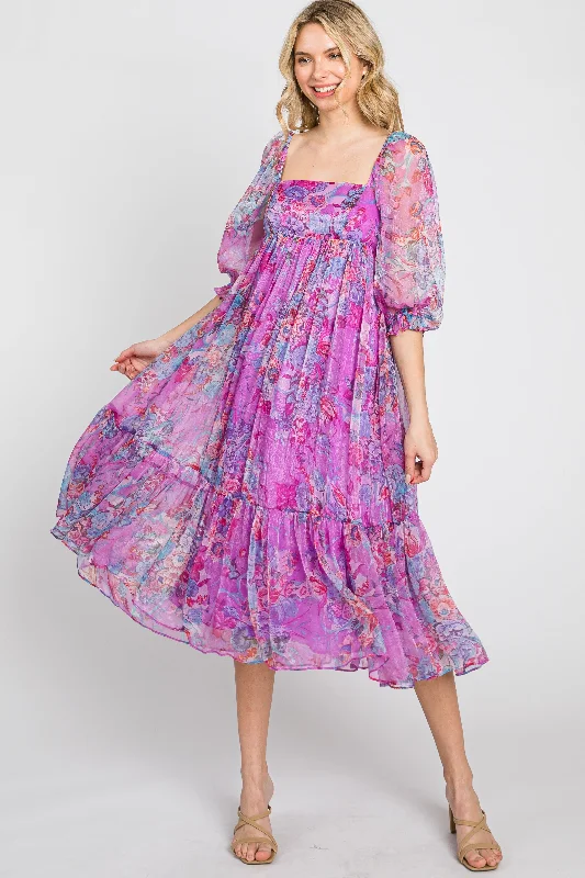 Pink Floral Shimmer Chiffon Midi Dress Comfortable Wrap Midi Dress