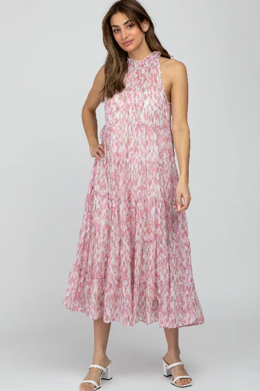Pink Printed Sleeveless Tiered Midi Dress Trendy Shift Midi Dress