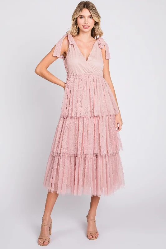 Pink Sleeveless Tiered Tie Strap Tulle Midi Dress Fashionable Wide Leg Midi Dress