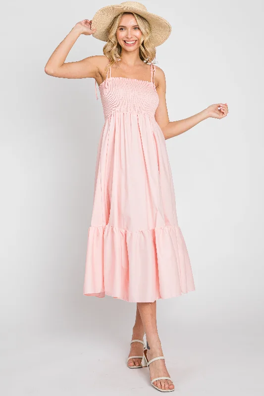 Pink Smocked Shoulder Tie Midi Dress Stylish High-Waisted Midi Dress