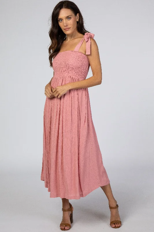 Pink Smocked Tie Strap Midi Dress Elegant Floral Midi Dress