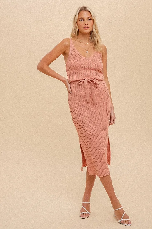 Pink Tank Rib Side Slit Midi Dress Stylish Long Sleeve Floral Midi Dress