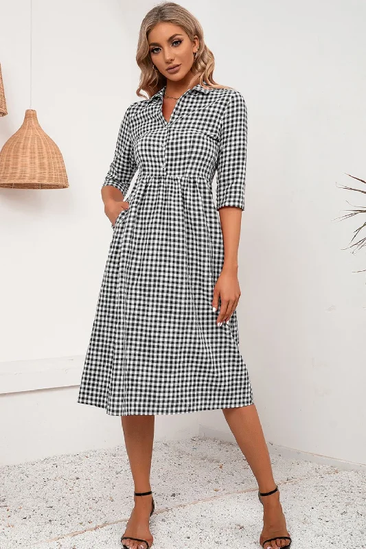 Plaid Collared Neck Midi Dress Elegant Puff Sleeve Midi Dress