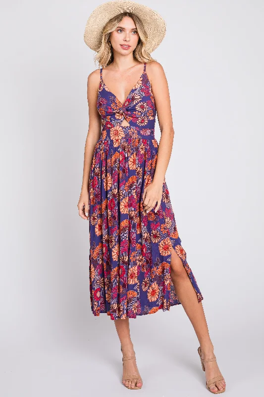 Purple Floral Sleeveless Cutout Midi Dress Chic Off-Shoulder Midi Dress