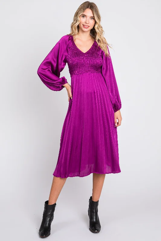 Purple Satin Smocked and Pleated Midi Dress Trendy Ruched Side Midi Dress