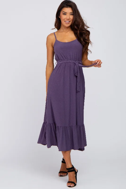 Purple Waist Tie Ruffle Hem Midi Dress Fashionable Sheer Sleeve Midi Dress