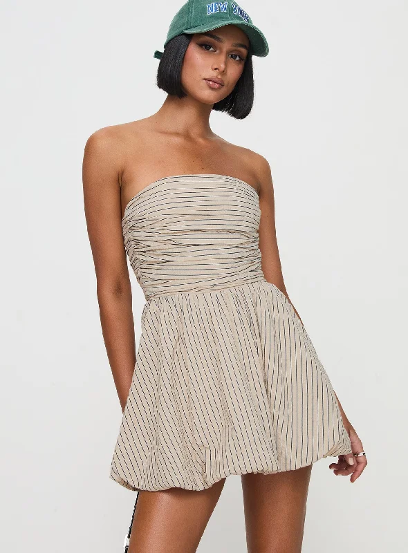 Quinette Strapless Bubble Hem Mini Dress Beige Stripe