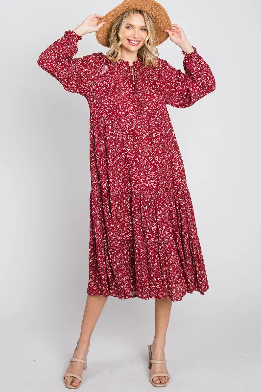 Red Floral Tiered Long Sleeve Midi Dress Trendy Tiered Hem Midi Dress